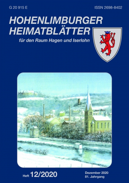 2020 12 Kirche St. Bonifatius und Schloss Hohenlimburg um 1890. Ölgemälde von Claus Singmann, im Jahre 2018 Motiv der jährlich zur Weihnachtszeit herausgegebenen Grußkarten (Ausschnitt)