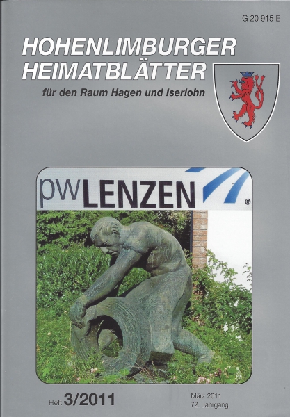 2011 03 Bronzeplastik des Kaltwalzers vor dem Verwaltungsgebäude der Fa. P. W. Lenzen, Iserlohn, Stenglingser Weg 63. Diese gegenüber der Figur an der Hohenlimburger Lennebrücke etwas kleinere Ausführung ließ der Vater des jetzigen Firmenchefs von seinem