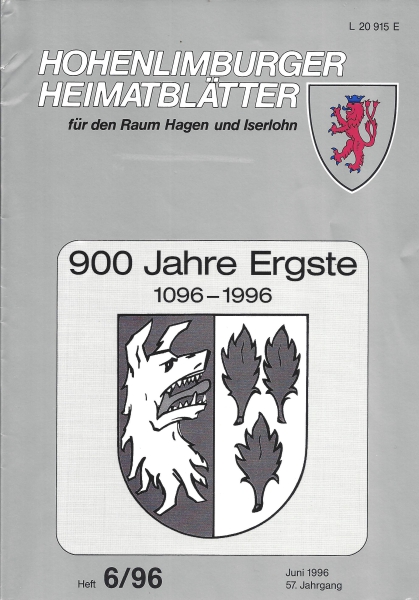 1996 06 Wappen der Gemeinde Ergste bis zum 1.1.1975. Links der Kopf des Werwolfes und re. die drei Blätter aus dem Wappen des Godert von Ergste (1391)
