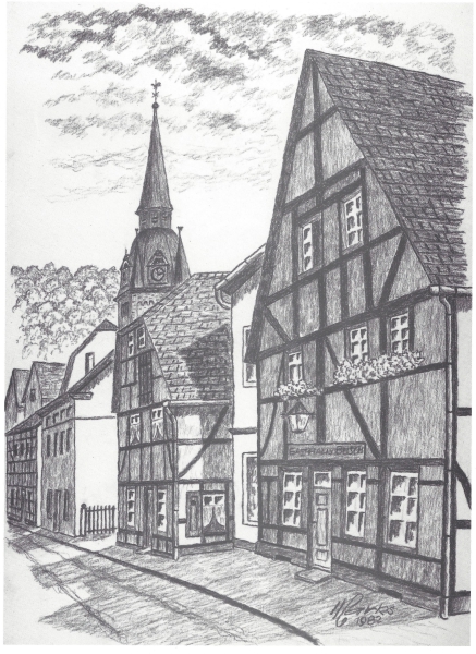 Lohmannstraße (früher Mittelstraße), mit der Gaststätte Busch und der ev.-reform. Kirche, Marks 1982