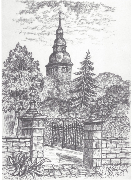 Blick vom Haus Im Stift 35 (einstiges Kurienhaus) zur Stiftskirche, Marks 1952