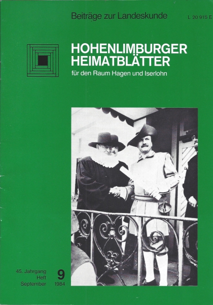 1984 09 Widbert Felka im Kostüm des Limburger Grafen. Sybolische Überreichung der Stadtrechtsurkunde von 1709 an den Hohenlimburger Altbürgermeister Paul Knapp. Foto: Ullrich Görner, 1984