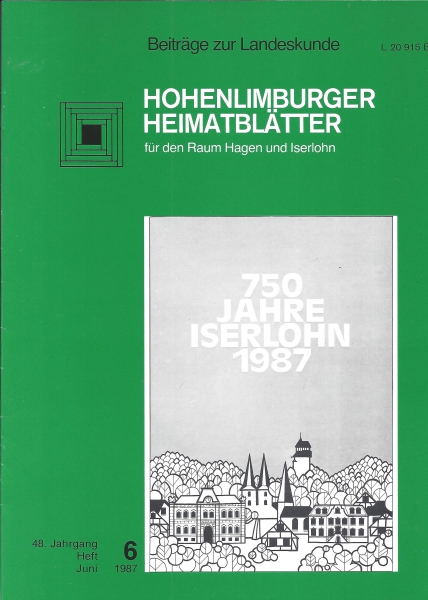 1987 06 Schwarzweiss-Druck (Verkleinerung) des offiziellen Werbeplakates der Stadt Iserlohn zum 750jährigen Jubiläum 1987.