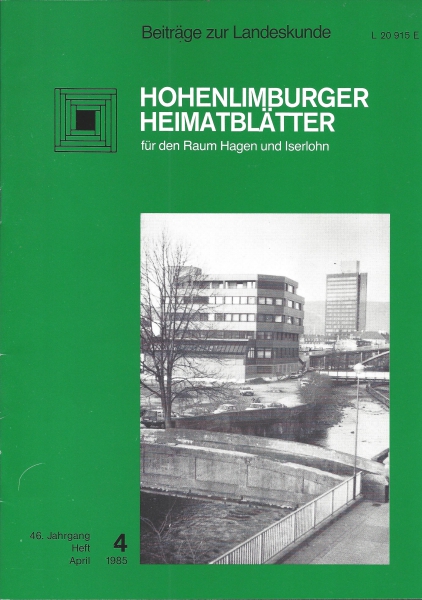 1985 04 Die Volmeaue verändert ihr Gesicht: Teil des ehemaligen Werksgeländes Söding & Halbach. Neu Gebäude der AOK Hagen. Werkbrücke von 1921. Hinten Hochhaus Arbeitsamt Hagen. Foto: Widbert Felka 1984