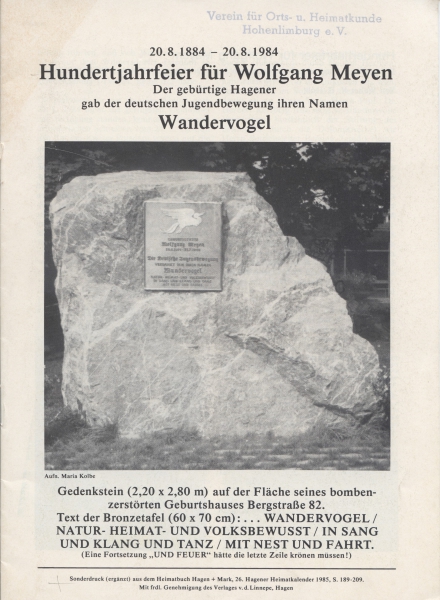 Wandervogel - Hundertjahrfeier für Wolfgang Meyen  20.8.1884 - 20.8.1984