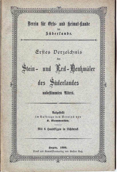 Stein- und Erd-Denkmäler des Süderlandes unbestimmten Alters, erstes Verzeichnis