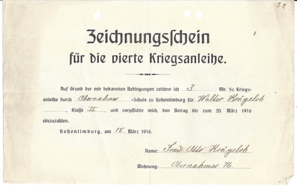 Zeichnungsschein für die vierte Kriegsanleihe